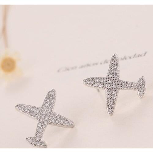 Trendy Aircraft Shine Cubic Zirconia 925 Sterling Silver Ladies Stud Earrings Jewelry Wholesale For Women No Fade Cheap Gift