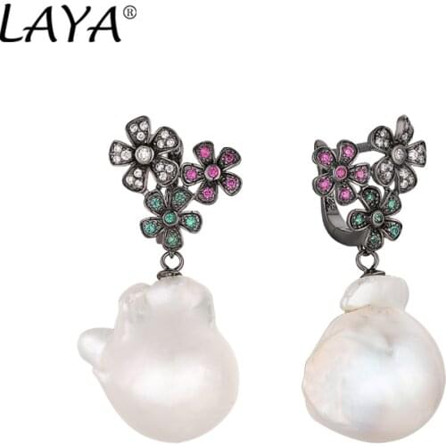 Laya 925 Sterling Silver Natural Baroque Pearl Drop Earrings For Women High Quality Zirconium Flower Ruby Green Nano Jewelry