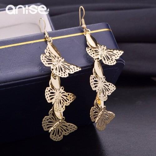 Anise Women Gold Color Hollow Butterfly Drop Earrings Ladies Elegant Butterfly Metal Long Tassel Dangle Earring Accesorios Mujer