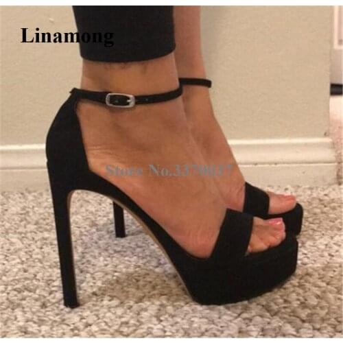 Women Classical Style Open Toe Suede Leather High Platform Sandals Black Ankle Strap High Heel Sandals Dress Heels Shoes