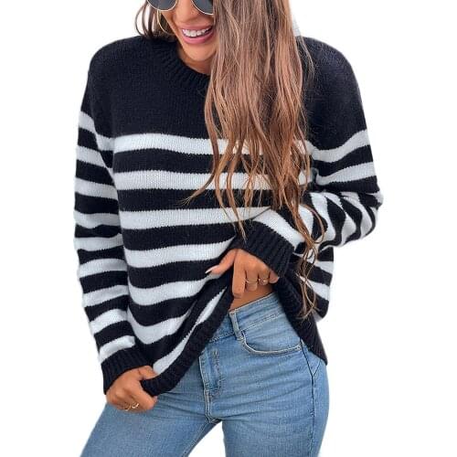 Women Color Block Sweater Adults Casual Striped Long Sleeve Round Neck Knitwear Oversized Pullovers Spring And Autumn 2021