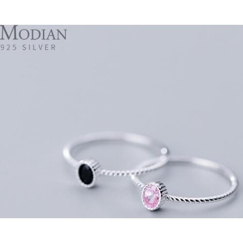 Modian 2020 Popular Simple Black and Pink Crystal Ring for Women 925 Sterling Silver Geometric Ring Korea Style Fine Jewelry