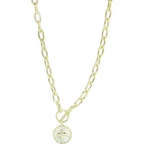 Womens Toggle Clasp Thick Chain Gold White Shell Zircon Star Necklace
