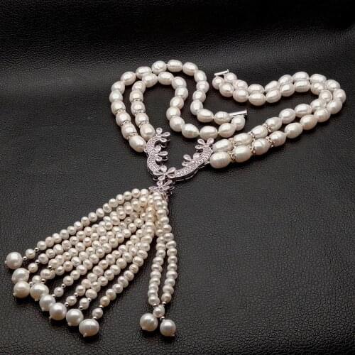 19" 2 Strands Cultured White Rice Pearl freshwater Necklace silver color plated CZ Pave connector Pearl Tassel Pendant wedding