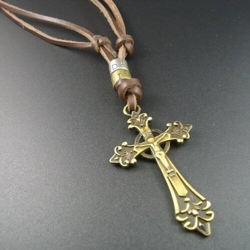 2015 New Fashion Head Layer Cowhide Genuine Leather Punk Style Vintage Pendant Cross Necklace Women Men Jewelry