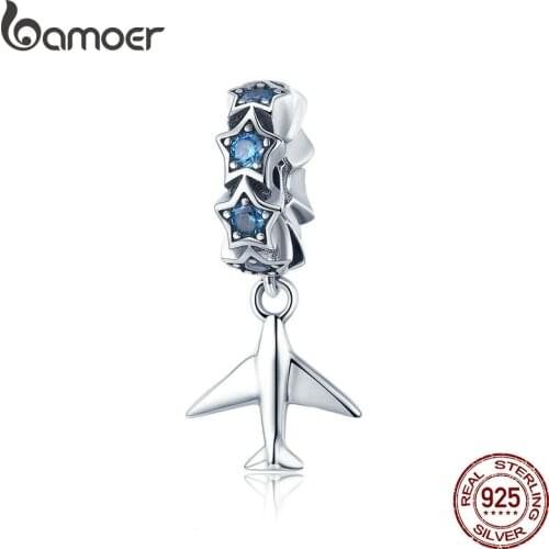 BAMOER 100% 925 Sterling Silver Fashion Travel Plane Stackable Dazzling Blue CZ Charms fit Charm Bracelet DIY Jewelry SCC882