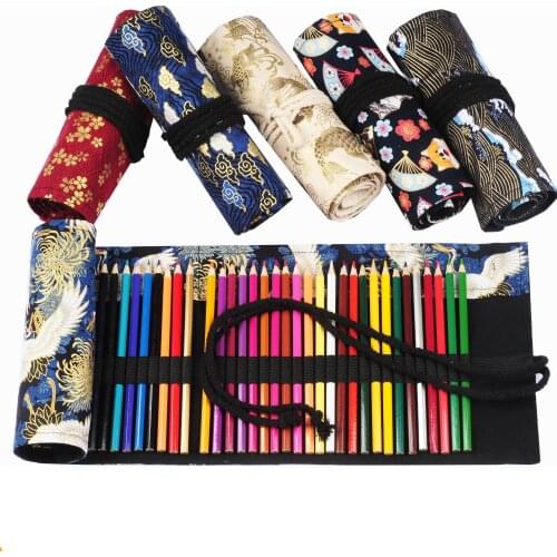 Kawaii 60 Holes Pencil Case Canvas Brush Pen Wrap Roll Make Up Storage Stationery Fountain Pen Supplies School For Grils Boys