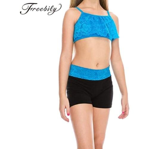 Kids Spaghetti Straps Floral Lace Crop Top with Bottoms Girls Ballet Sports Gymnastics Tops Shorts Set Child Stage Dance Wear