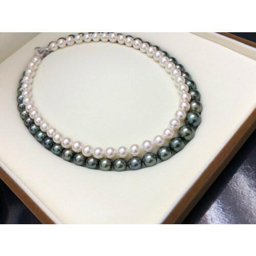 Elegant 2row 7-10mm South Sea White Black Pearl Necklace 18"-19"