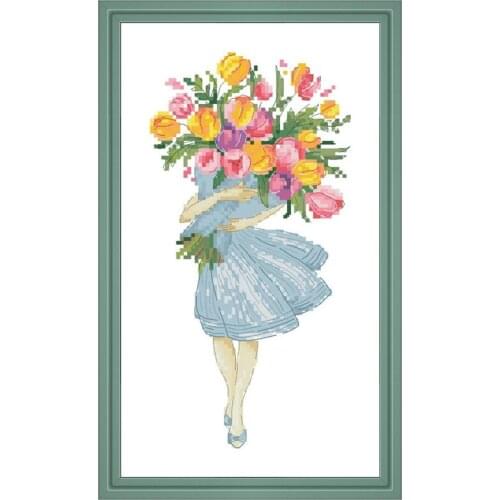 Girl holding flowers counted cross-stitch kit plant embroidery needlework 18ct 14ct 11ct white cloth DIY handmade