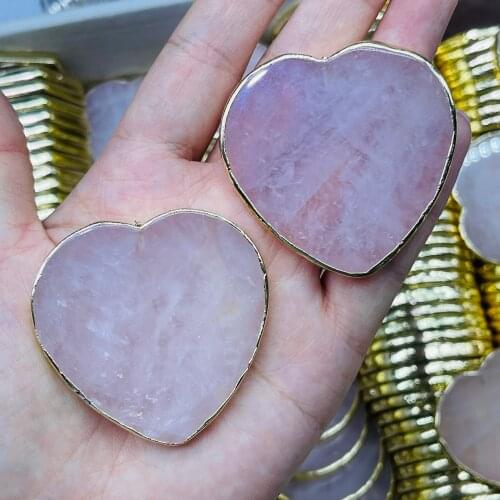 Natural Mini Rose Quartz Heart Crystal Platter Electroplated Gold Color Home Decoration