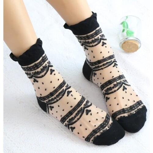 Novelty 5 Pairs/Lot Woman Spring/Summer Lolita Flower Polka Dots Cotton Socks Princess Wind Ultra Thin Transparent Crystal Meias