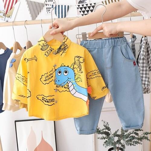 New Children Spring Autumn Cotton Clothes Baby Boys cartoon Big dinosaur jeans 2Pcs/sets Infant Kids Fashion Toddler Tracksuits