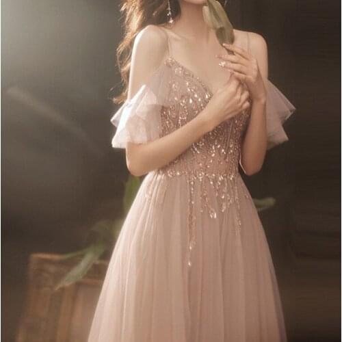 New Sexy Prom Dresses Spaghetti Strap V-Neck Long A-line 2021 Luxuruy Exquisite Sequins Beading Tulle Ceremony Evening Gowns