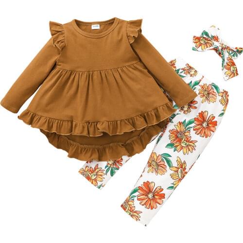 2-6Years Three Piece Girl’s Clothes Fashion Solid Color Long Sleeve Tops and Flower Long Pants with Headband