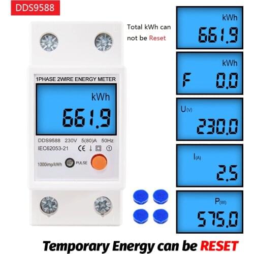 Din Rail LCD Digital Backlight Single Phase Energy Meter kWh Power Consumption Meter Wattmeter Electronic Reset Zero AC 220V 80A