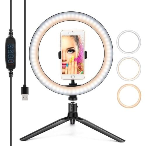 10'' LED Ring Light with Tripod Stand, Selfie Light Ring with Flexible Phone Holder, Desk Makeup Ringlight for YouTube Live