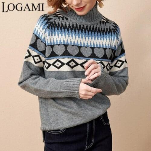 LOGAMI Mock Neck Long Sleeve Sweater Women Lazy Style Vintage Knitting Sweater Autumn Winter Pullovers Jumper