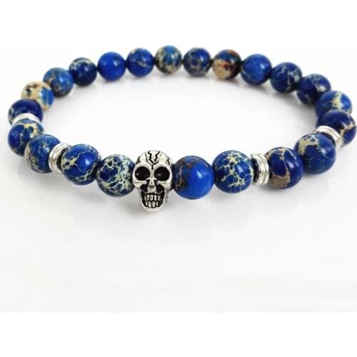 High Grade Mens Jewelry Retail 8mm Blue Sea Sediment Stone Bead with Antique Tiny Skull Bracelets, Yoga Bracelet