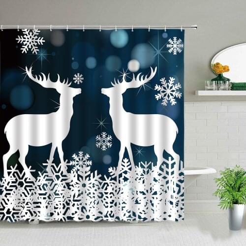 Winter White Elk Shower Curtain Forest Animal Deer Bathroom Screen Background Wall Decor Hanging Curtains With Hooks Washable