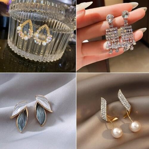 2021 Korean New Style Leaf WaterDrop Tassel Crystal Earrings Fashion Imitation Pearl Earrings for Women Gold Earrings Jewelry