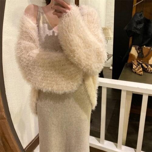 2021 Autumn New Women Sweater Female Cardigan Coat Furry Puff Sleeves Elegant Solid Sweet Office Lady Casual All Match Tops