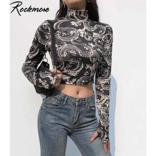 Rockmore Dragon Print Turtleneck Crop Top WomenS T-Shirt Skinny Long Sleeve Top Tee Vintage Harajuku Gothic Ladies Fashion 2020