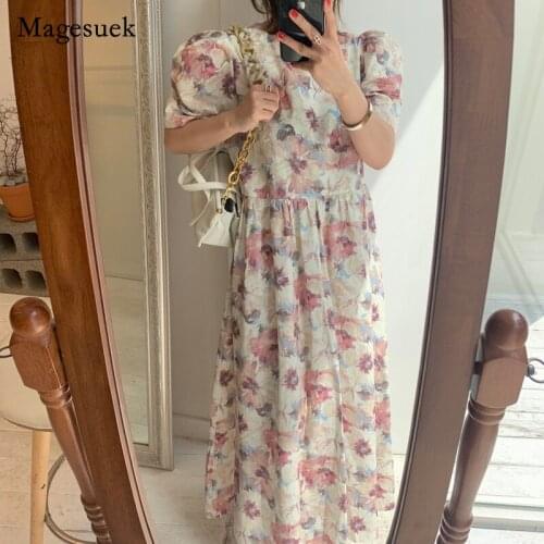 Chic Women Summer Chiffon Dress O-Neck Printed Floral Dress for Women Vintage Sweet High Waist Loose Long Dress Vestido 14529