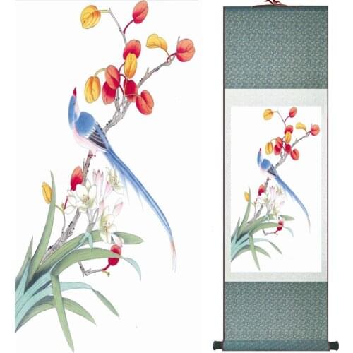 Chinese ink painting Traditional Birds and flower Painting Spring Ink wash painting silk scroll birds and flower painting