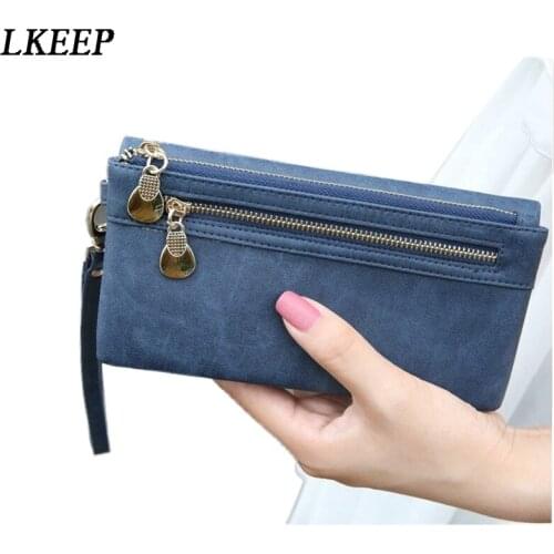 Fashion Women Wallets Solid PU Leather Double Zipper Day Wristband Wallet Women Clutch Purse Card Holders
