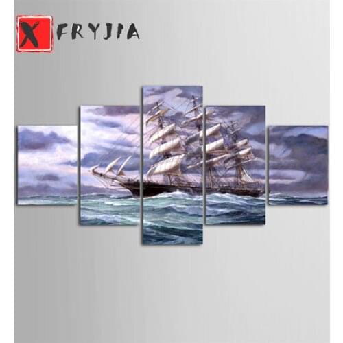 5pcs Diamond Painting Sailboat sailing at sea Kit Diamond Embroidery Full Square round Beaded DIY Rhinestones Art Decor For Home