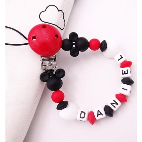 Mouse Head Cartoon Personalized Name Pacifier Clips Silicone Teat Attachment Customize Dummy Clip Nipple Holder Baby Shower Gift