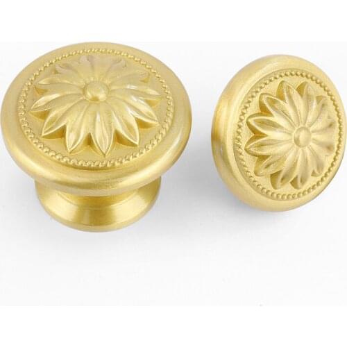 New Retro Solid Brass Furniture Handle Golden Flower Cabinet Door Knobs Drawer Cupboard Wardrobe Pulls Diy Round Handmade Knob