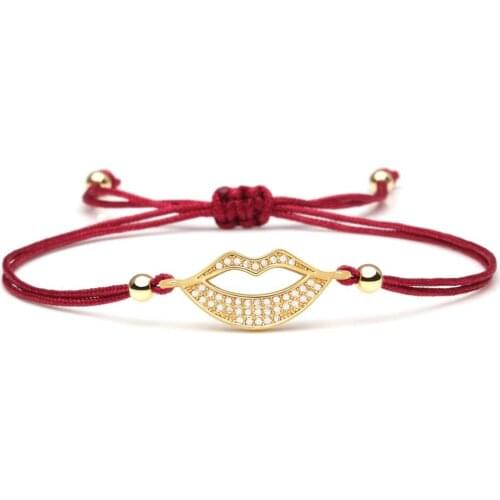 Pretty Cute White Cubic Zirconia Copper Small Lips Charm Bracelet Women Fashion Simple Mouth CZ Black Red String Glary Jewelry