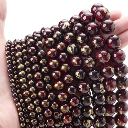 Deep Red Golden Jades Beads Round Loose Natural Stone Bead for Jewelry Making DIY Bracelet Necklace Accessories 4/6/8/10/12mm