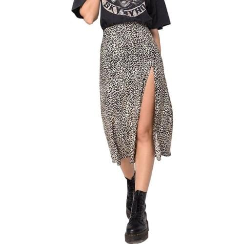 Fashion Split A-Line Skirt Women Leopard Print High Waist Wrap Skirts Female Summer Streetwear Sexy Midi Skirt Ladies Midi Skirt