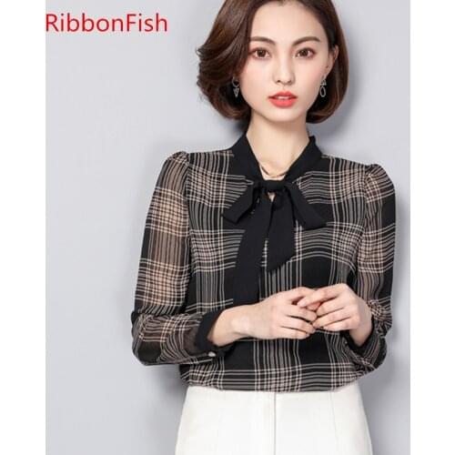 Office Wear Women Autumn Chiffon Blouses Shirts Lady Girls Casual Bow Tie Striped Plaid Long Sleeve Tops Shirts Blusas DD8103