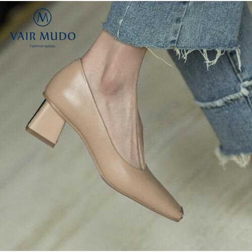 2021 New Women Pumps Shoes Female Thick Heels Office & Career Slip On Spring Autumn Elegant Green Style Classics Square Toe D21L
