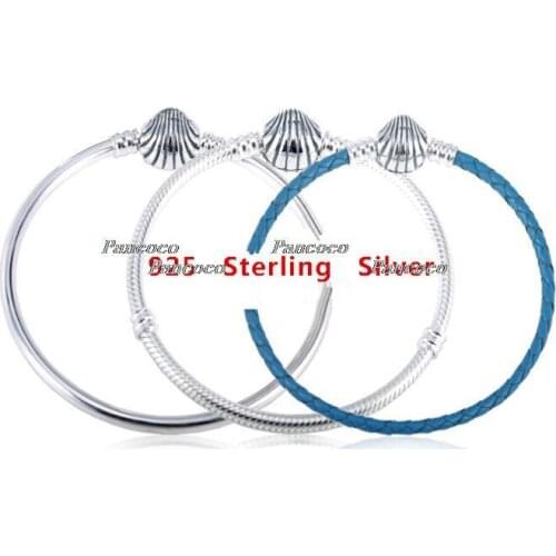 925 Sterling Silver Seashell Clasp Turquoise Leather Bangle Bracelet Fit Women Bead Charm Fashion Jewelry