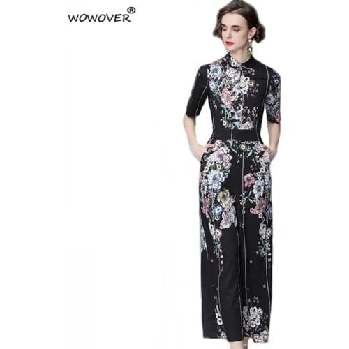 Runway 2021 Summer Holiday Floral Print Jumpsuit Women Half Sleeve Vintage Rompers Wide Leg Pants Beach Overalls