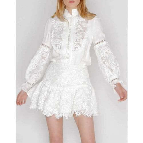 Lace Embroidery Patchwork Women White Long-Sleeve Shirt And Sexy Lace Pleated Skirt Set 3253