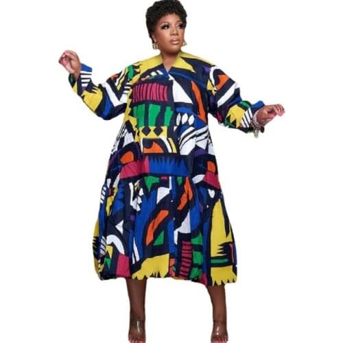 5XL Plus Size Dress Women V Neck Full Sleeve Ruffle Patchwork Gown Autumn Fashion Print Loose Casual Streetwear Long Dress 2021