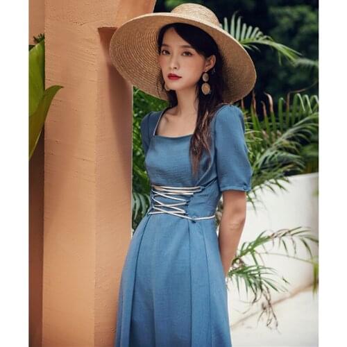 4 Colors Women Long Vintage Dress Summer 2021 Runway Retro Elegant Korean Dress Slim Casual Party Night Vacation New Arrivals