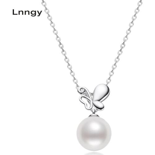 Lnngy 925 Sterling Silver Necklace Chain 8-8.5mm Natural Freshwater Pearl Butterfly Pendant Necklace Women Chain Necklace Gifts