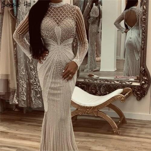 Dubai Luxury White Nude Mermaid Evening Dresses 2020 Long Sleeves Diamond Beading Formal Dress Serene Hill LA70274