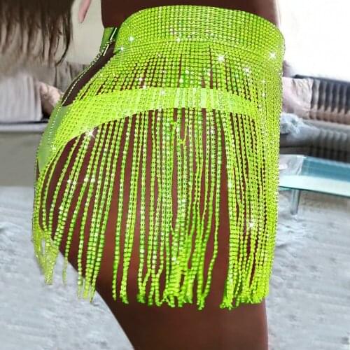 Hirigin Women Summer Beach Bikini Mini Skirt Glitter Rhinestone Clothing Long Tassel Skirts Crystal Diamonds Adjustable Sexy
