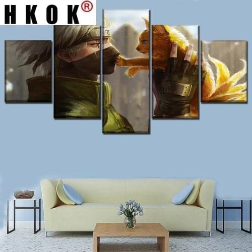 HKOK 5 Pieces Canvas Paintings Posters Prints Anime Cartoon Kakashi Hatake Kyubi Sofa Wall Art Picture Home Decor Living Room