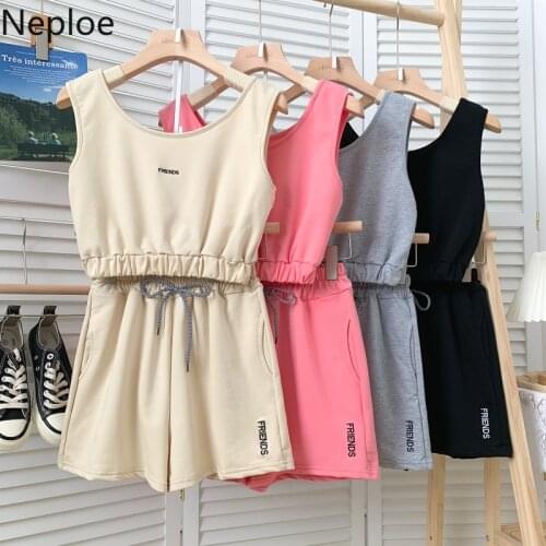 Neploe Two Piece Sets Women Casual Tracksuit Summer Embroidered Letter Short Vest Top High Waist Wide Leg Pant Short Suit Female