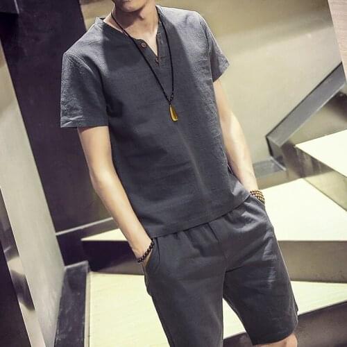 Summer Mens Tracksuit V-Neck Short-Sleeved T-shirt Shorts Casual Solid Thin Cotton and Linen Suit Sportswear Slim Outfits 9XL