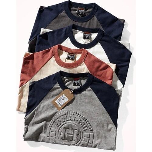 Autumn Long Sleeve O-neck 3D Printed T-shirt Mens Fashion Contrast Splicing Raglan Sleeve Pure Cotton Washed Old Casual Tops